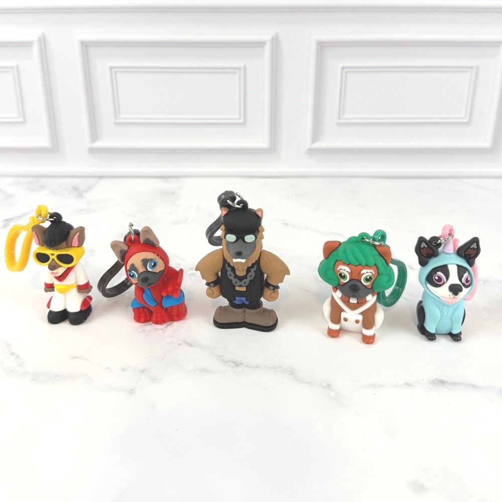 Lot of 5 Key Bag Charms Dog Designs Wonka~Unicorn~SpiderPug~Elvis~Harley